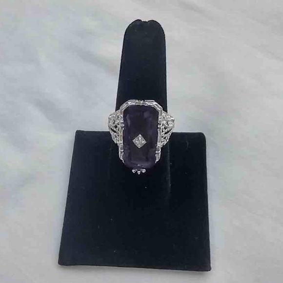 Large  Silver Tone Clear Purple Stone Ring with CZ Accent / Antique Reproduction - Picture 9 of 14